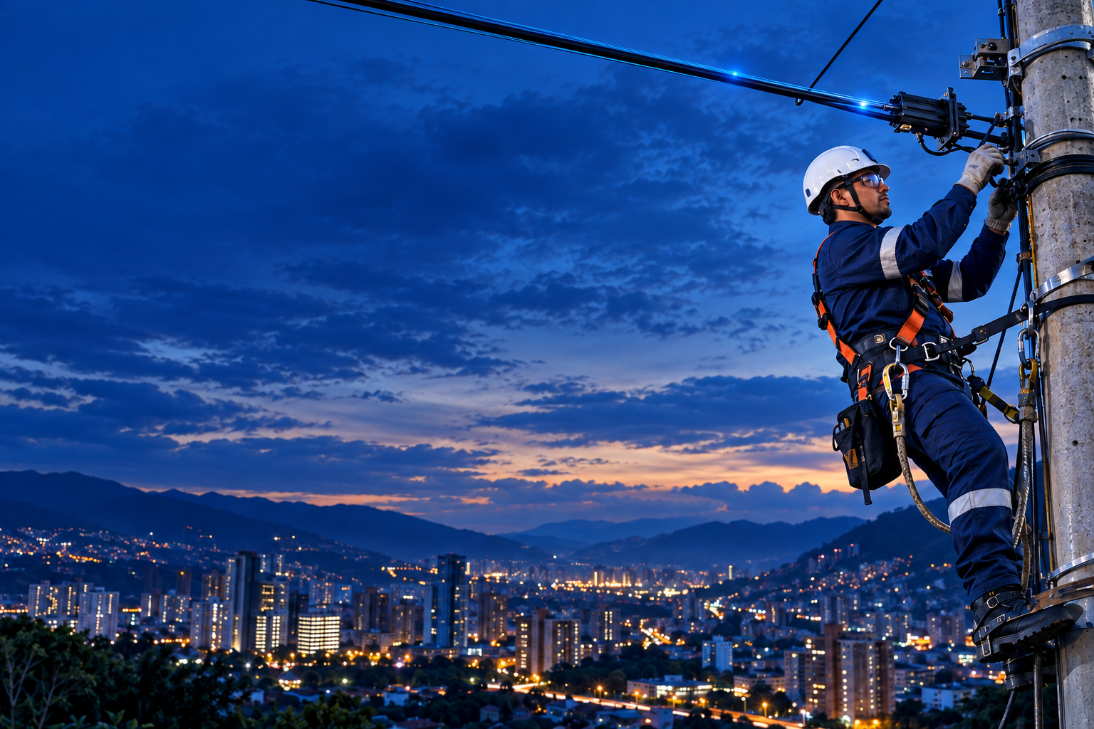 Técnico trabajando en una conexión aérea de fibra óptica